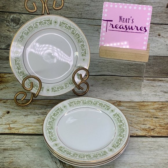 Mikasa ARABESQUE 9361 Green Scroll Design Gold Trim China Bread Side Plate Set 4